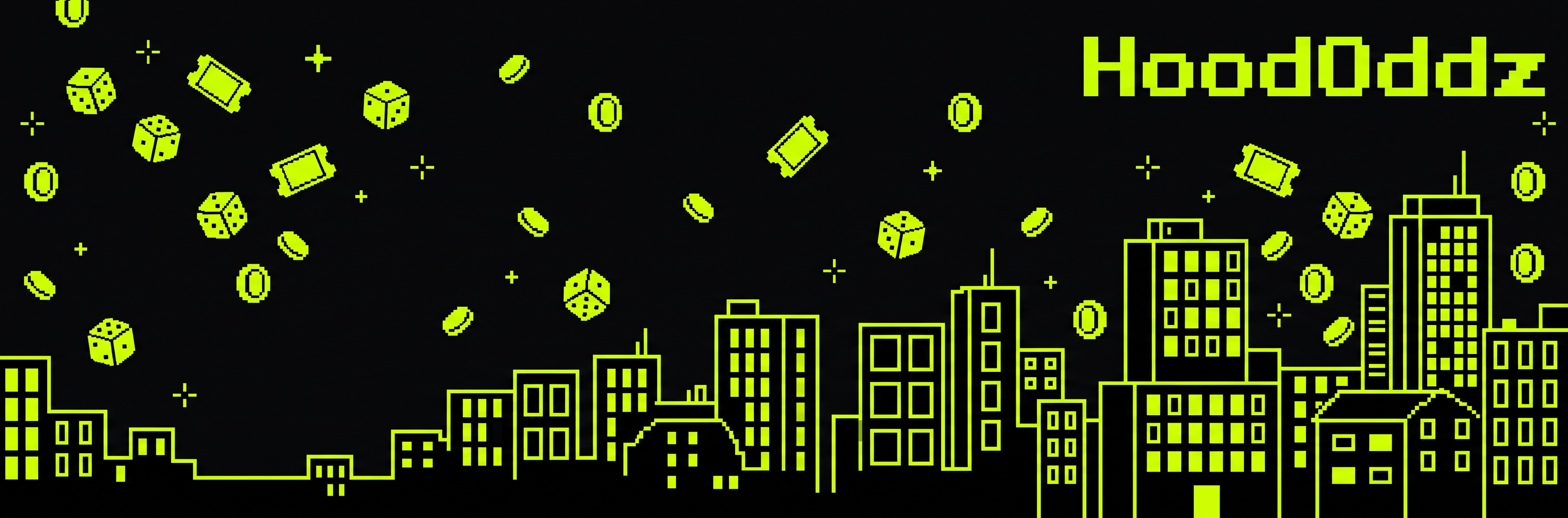 Pixel art skyline at night with dice, coins, and tickets falling from the sky above the HoodOddz wordmark